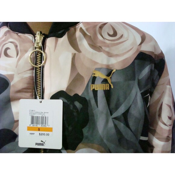 New Womens NWT $200 Satin Puma Reversible Rose Bomber Jacket S Black Beige Small - Picture 7 of 12